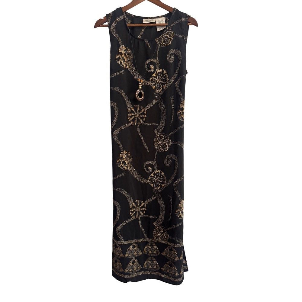 Kathie Lee Collection Maxi Dress Womens L Black Tan Floral Batik Sleeveless